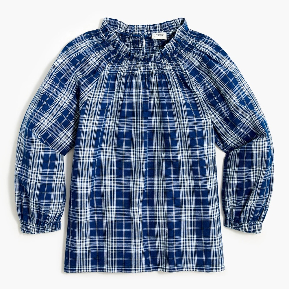J.Crew blue & white plaid smocked ruffle neck long sleeve blouse preppy size XL